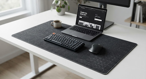 Deep charcoal grey desk mat with a subtle debossed grid pattern on a white desk